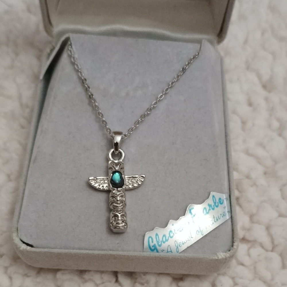 Silver Totem Pendant Necklace with Glacier Pearle Stone